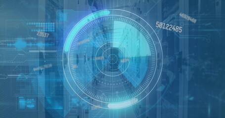 Image of digital data processing and digital interface and grid over blue background