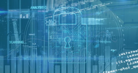 Image of digital data processing and digital interface and grid over blue background