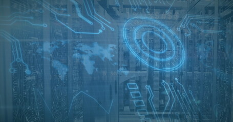 Image of data processing and icons over server room