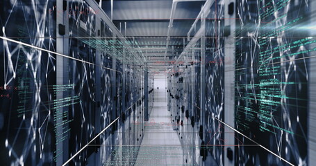 Image of data processing, mathematical equations and network of connections over server room