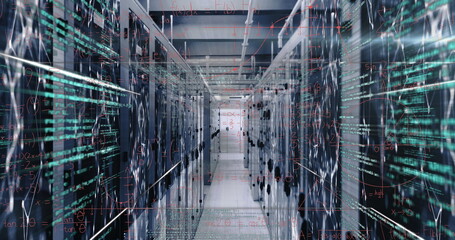 Image of data processing, mathematical equations and network of connections over server room