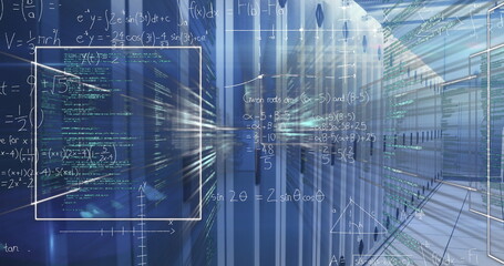 Image of mathematical equations and data processing over computer servers