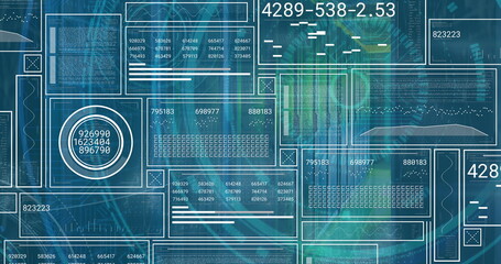 Composition of binary coding medical icons and data processing on screen on black background