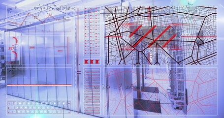 Image of mathematical equations and data processing over computer servers
