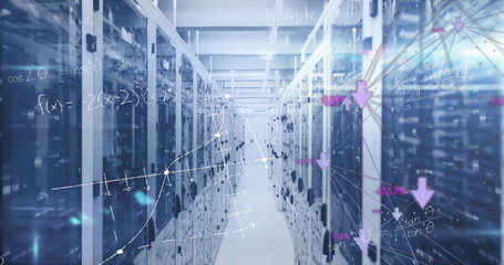 Image of mathematical equations and data processing over computer servers