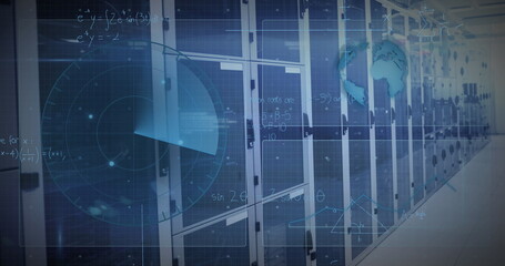 Image of globe and network of connections over data processing over computer servers