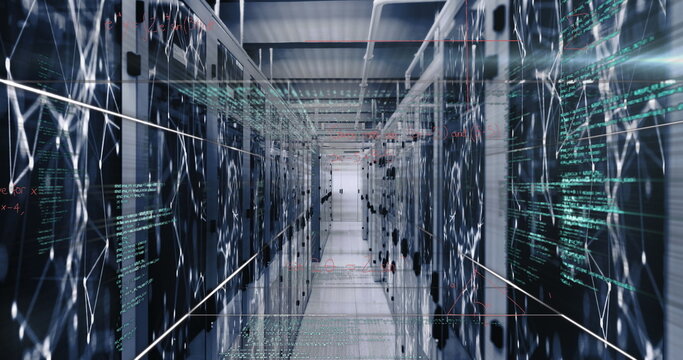 Image of data processing, mathematical equations and network of connections over server room