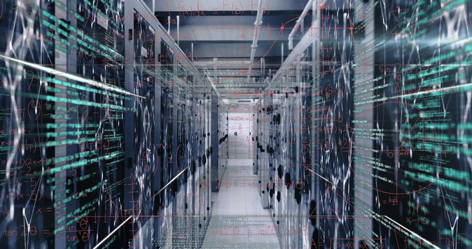 Image of data processing, mathematical equations and network of connections over server room