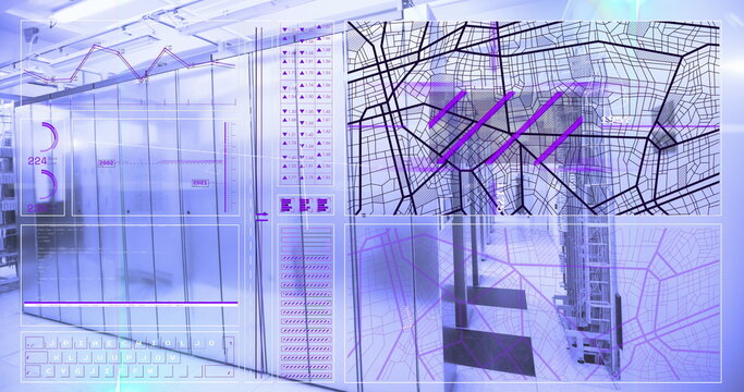 Image of mathematical equations and data processing over computer servers