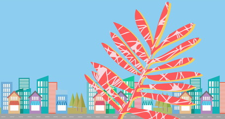 Obraz premium Image of leaf over cityscape on blue background