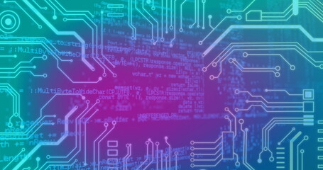 Obraz premium A composite of a blue and purple gradient background with a microprocessor circuit board in the fore
