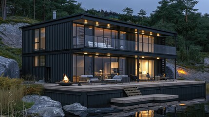 Obraz premium modern luxury big container house exterior in nature landscape, minimalism industrial style decor design, idea for sustainability for environmental preservation real estate concept, lakeside home
