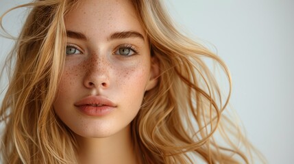 Fototapeta premium Close-up Portrait of a Young Woman with Blonde Hair and Freckles