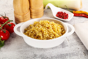 Boiled bulgur wheat in the bowl