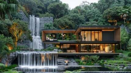 Fototapeta premium modern luxury big container house exterior in nature landscape, minimalism industrial style decor design, idea for sustainability for environmental preservation real estate concept, waterfall cliff