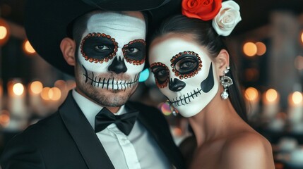 Glamorous Halloween soiree with a couple in stunning costumes, immersed in the lively atmosphere of a high-profile partners' event