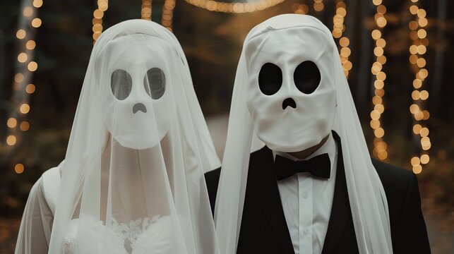 Festive Halloween bash featuring a couple in ghostly costumes, their outfits blending perfectly with the eerie and celebratory ambiance