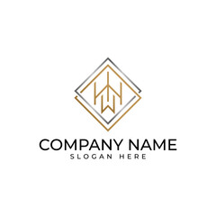 The initial WH logomark in gold color isolated by the 2 connected square in silver and gold represent the wealth investment and executed in modern luxury elegance and minimalist stye