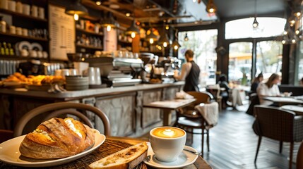 Fototapeta premium A high-resolution image of a welcoming cafe with a bright atmosphere, featuring a comprehensive coffee menu and a barista serving a cappuccino and bread on a beautifully set table