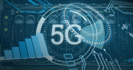 Image of scope scanning with 5g text and data processing over server room