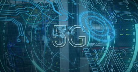 Image of scope scanning with 5g text and data processing over server room