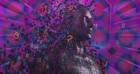 Image of data processing and digital human over shapes on purple background