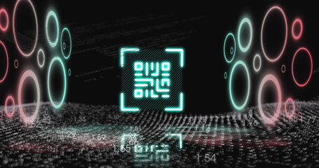 Image of qr code with illuminated circle with numbers, wave pattern, programming language