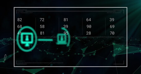 Image of data processing with icons and digital human on black background