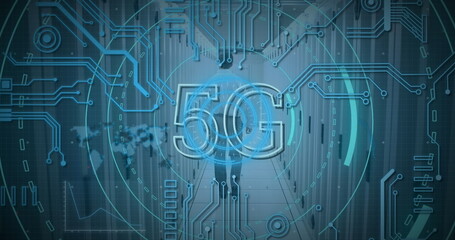 This image is a digital image of futuristic circles moving around 5g, with a background of a man wal