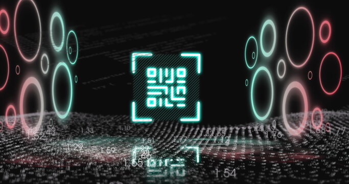 Image of qr code with illuminated circle with numbers, wave pattern, programming language
