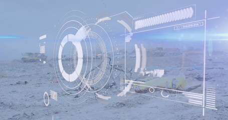 Image of loading circle with bar graph and lens flare over low angle view of dumping ground