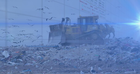 Image of trading board, lens flare, graph over machinery levelling garbage of dumping yard