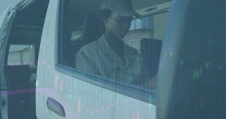 Image of data processing and wind turbine over african american female deliverer