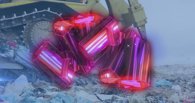 Image of geometric pattern over machinery leveling garbage in dumping ground - Powered by Adobe