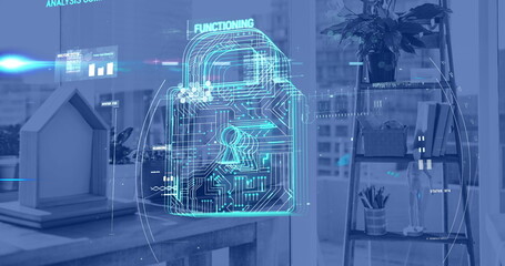 Image of padlock, scope scanning and data processing over modern office