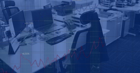 Image of statistics and financial data processing over modern office