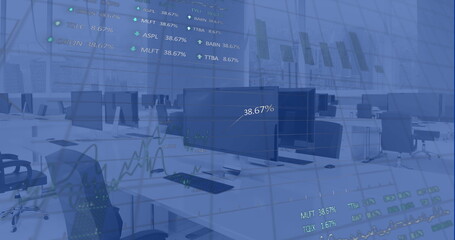 Image of statistics and financial data processing over modern office