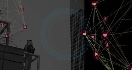 Image of round scanner and digital icons over businessman talking on smartphone in the balcony