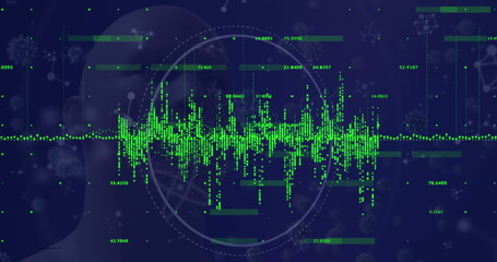Image of data processing against covid-19 cells and molecular structures over human head model