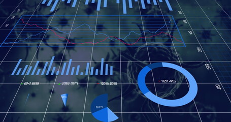 Image of statistical data processing over covid-19 cells floating against grey background