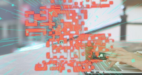 Image of online security qr code over woman using laptop