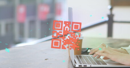 Image of online security qr code over woman using laptop