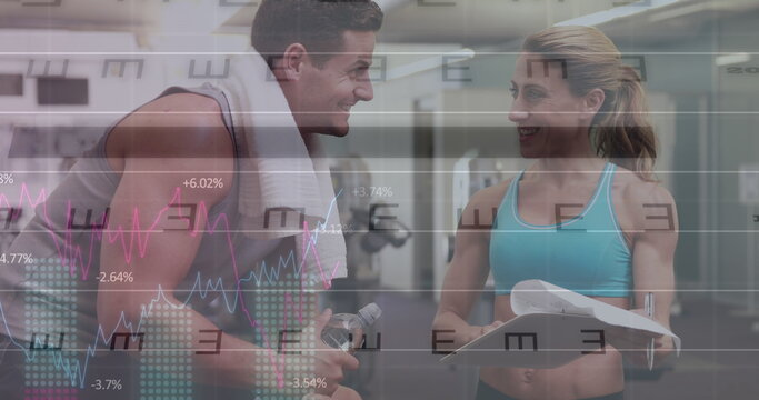 Image of financial data processing over caucasian man and woman at gym