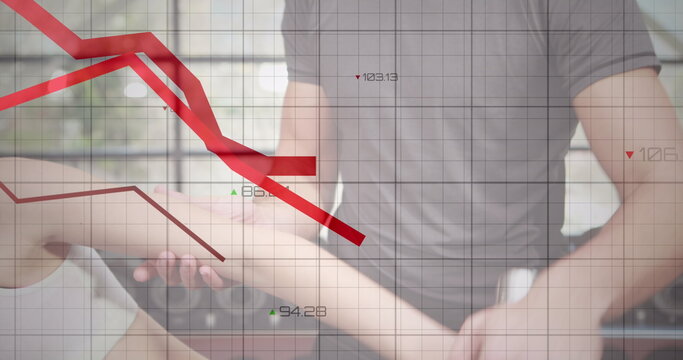 Image of data processing over caucasian sports woman exercising with instructor