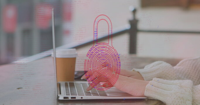 Image of online security padlock over woman using laptop