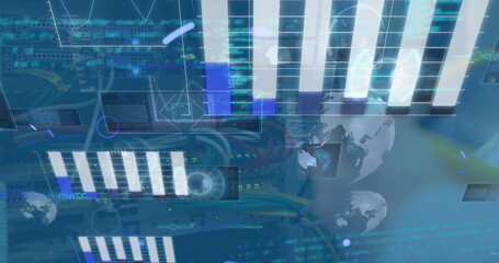 Image of abstract shapes and data processing over mid section of engineer working at server room