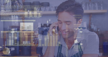 Image of financial data processing over man using smartphone