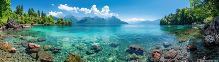Serene Summer Day at a Crystal Clear Lake, Breathtaking Nature Scenery with Lush Greenery and Tranquil Waters, Perfect for Relaxation and Escape