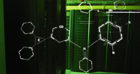 Image of molecule structures and computer language over illuminated server room
