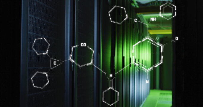 Image of chemical structures against computer server room - Powered by Adobe